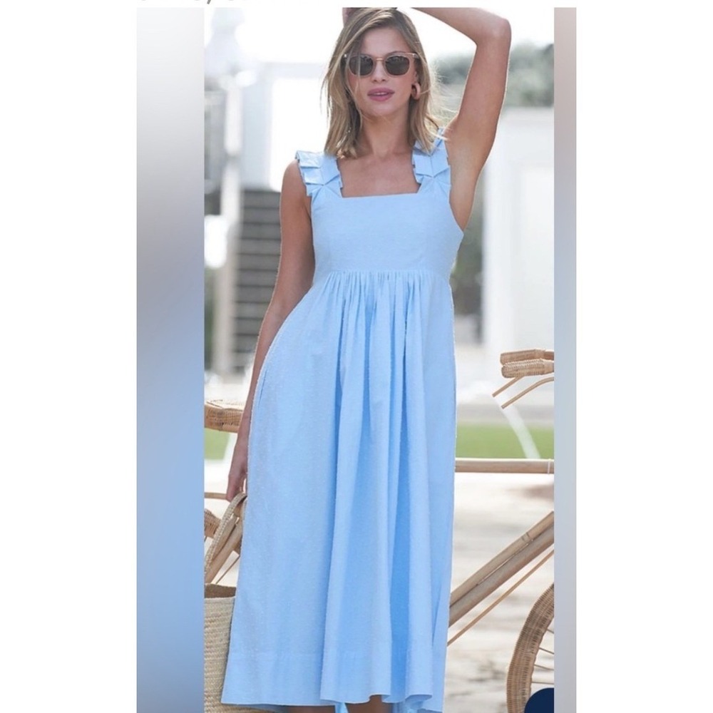 LAKE Light Blue Swiss Dot Smocked Midi Dress Ruffle Strap Square Neck